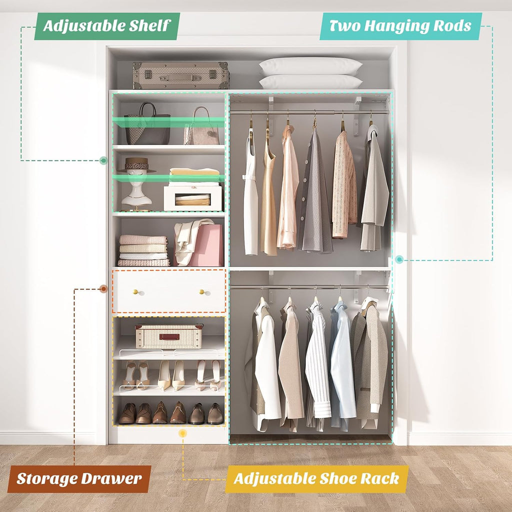 [10 FT Closet System] 120 Inch Reversible Set of 2 Wood Closet Organizer System with 2 Drawers, 4 Hanging Rods
