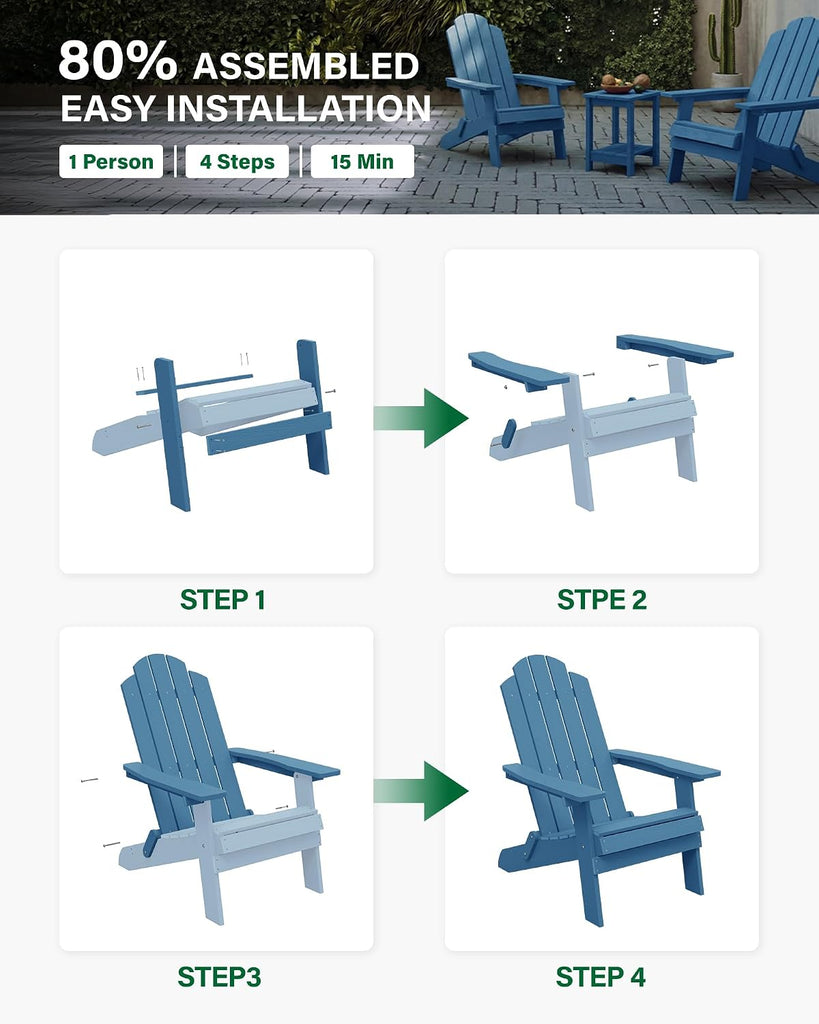 Folding Adirondack Chair for Outdoor, Easy to Assemble & Comfortable | All Weather Composite Plastic Adirondack