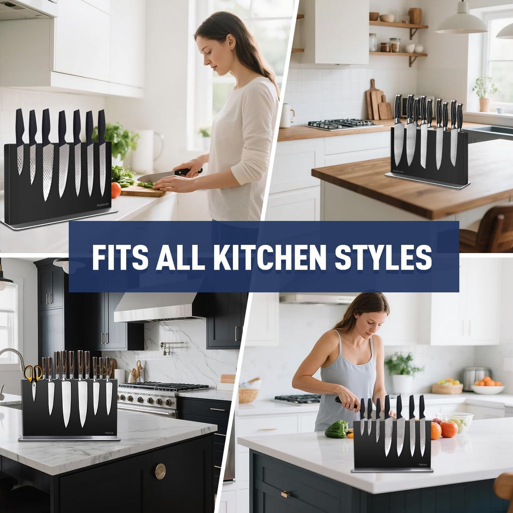 Magnetic Knife Block Without Knives-Black Stainless Steel Double-Sided Magnetic Knife Holder Stand with Strong