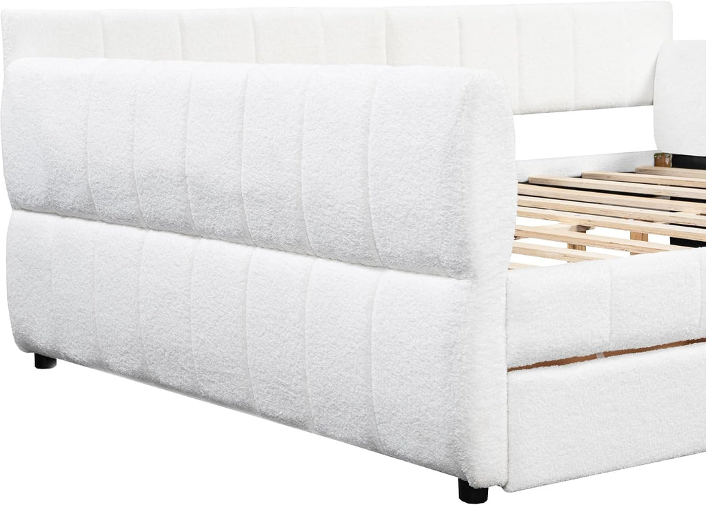 Queen daybed with USB, Queen Corner Bed with Two Drawers, Upholstered Bed Frame for Kids,Teens,Adults, Lambswool
