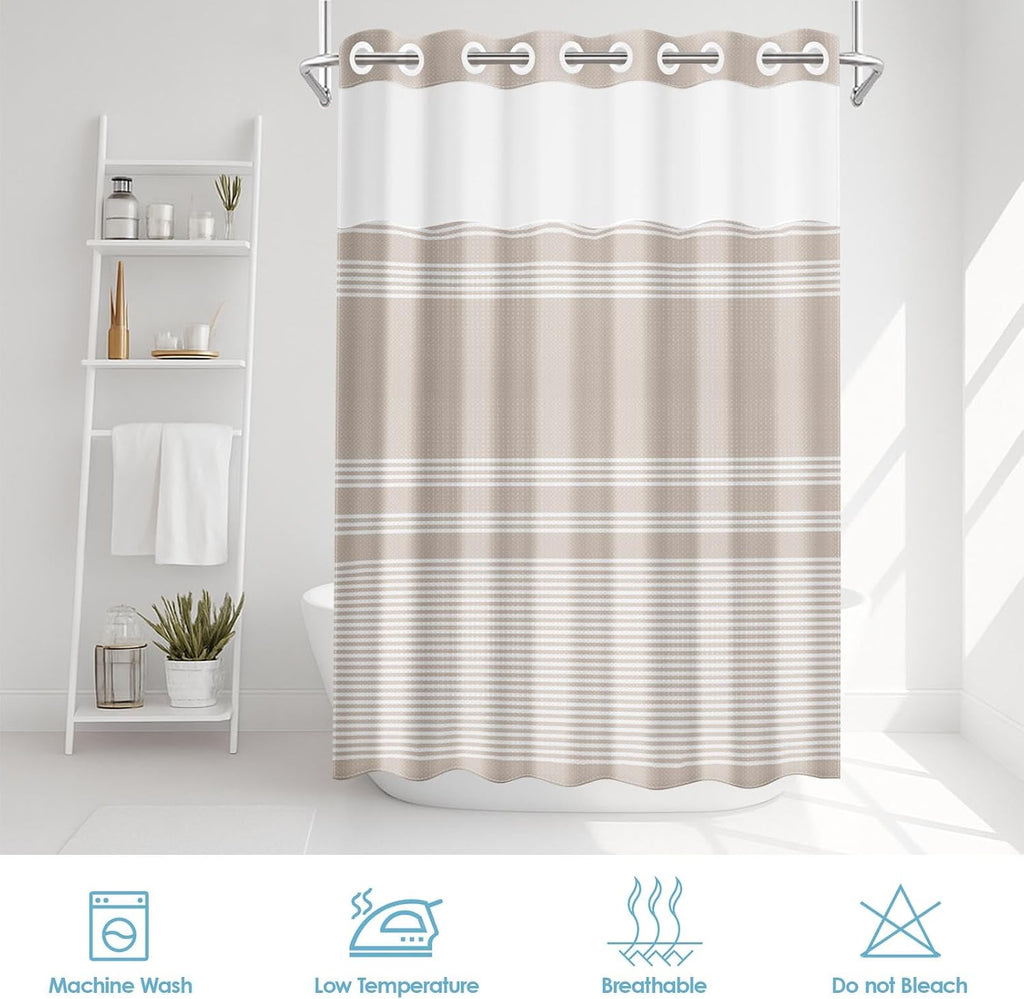 No Hook Shower Curtain with Snap in Fabric Liner Set, Striped Beige Waffle Weave Ombre Heavy Duty Bathroom Curtain
