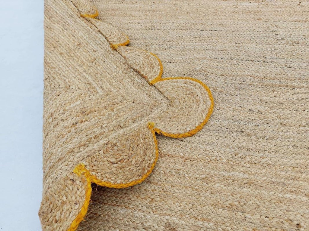 10x14 Feet Yellow Border Premium Scalloped Jute Rug Boho Scalloped Rug HandcraFeeted Natural Braided