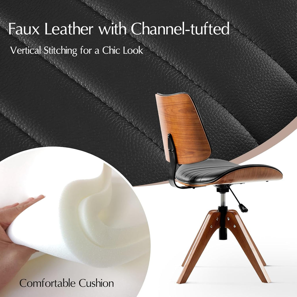 Faux Leather Home with Solid Wood Legs, 360° Swivel Desk Chair No Wheels with Bentwood Design, Mid-Century Modern