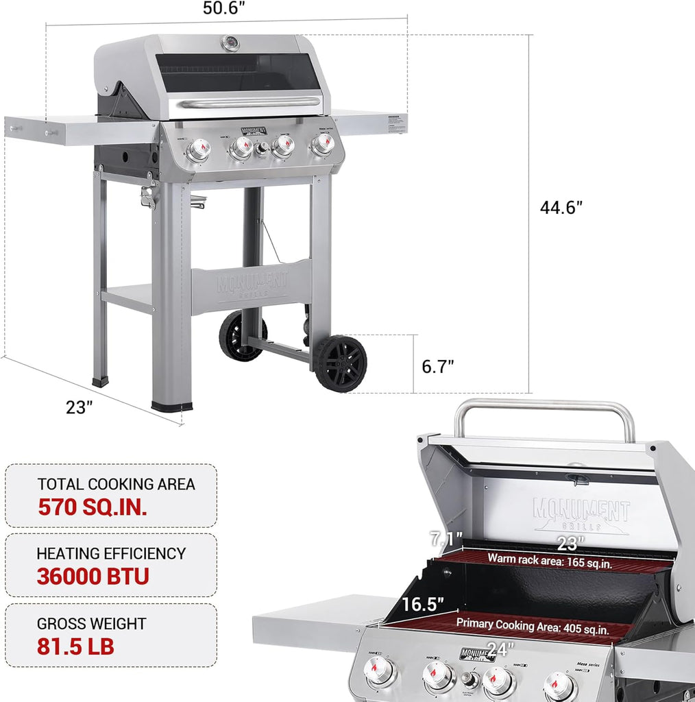 4-Burner Propane Gas Grill, Stainless Steel Outdoor BBQ Grill with Clearview Lid and Foldable Side Shelf for Patio and Garden
