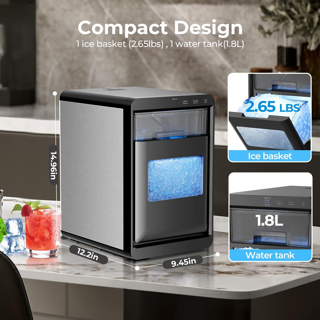 Nugget Ice Maker Countertop - 44LB/Day, Self-Cleaning Portable Ice Machine with LED Display, 10-15 Minute Fast Ice