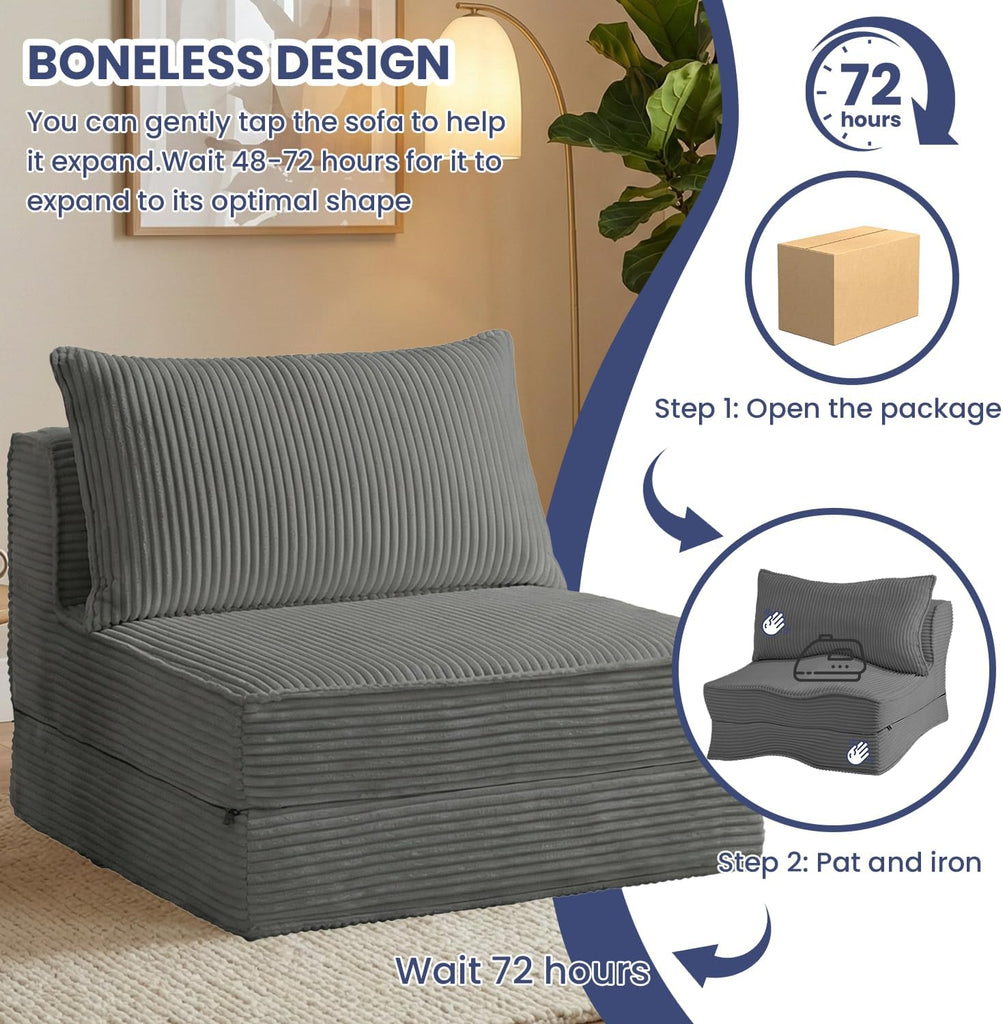 Oversized Folding Sofa Bed,Convertible Sleeper Chair Couch Bed with Pillow,Corduroy Floor Foldable Futon Bed,Comfy