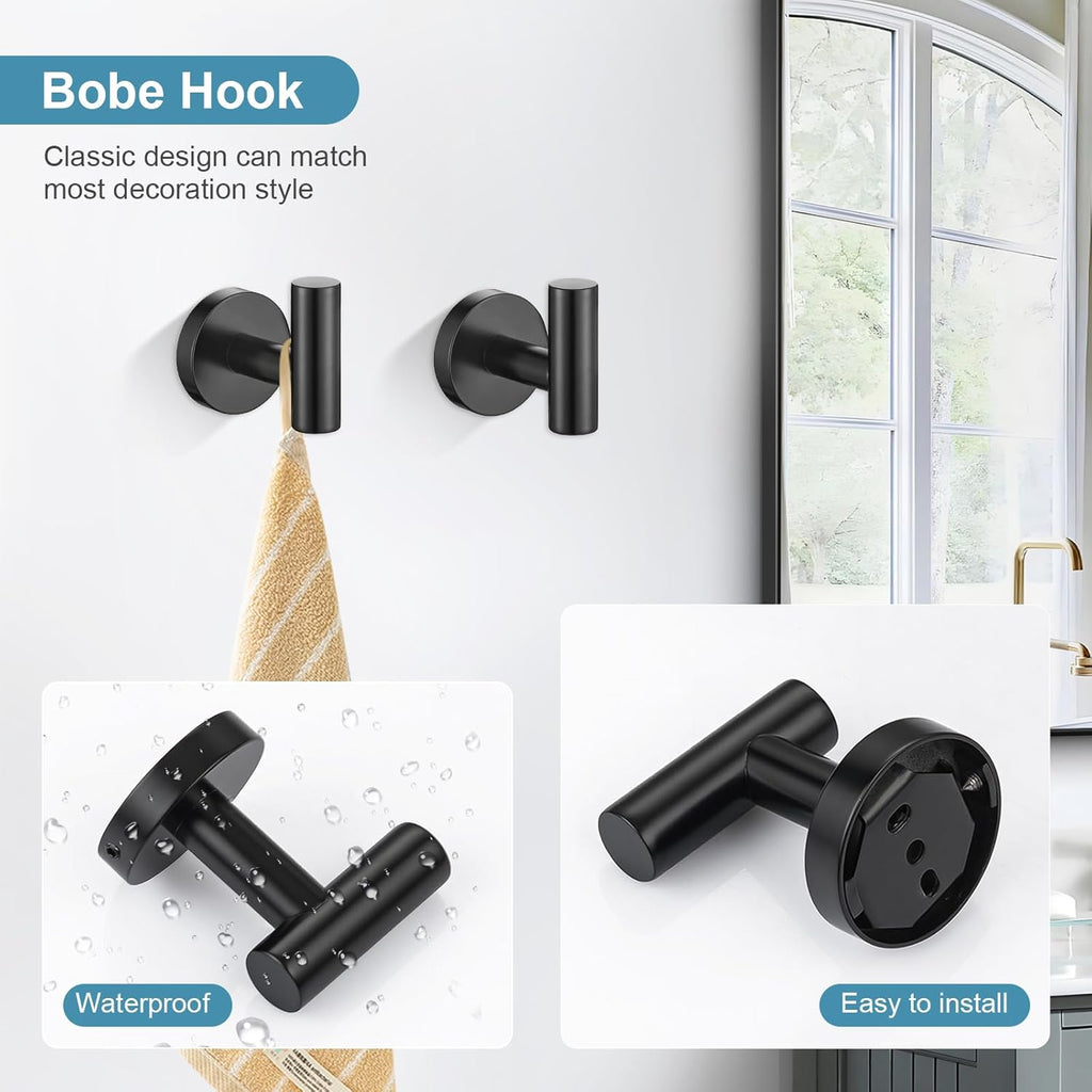 Matte Black Bathroom Hardware Set 5 Pieces, SUS304 Stainless Steel Towel Bar Set Round Bathroom Towel Rack Set Wall
