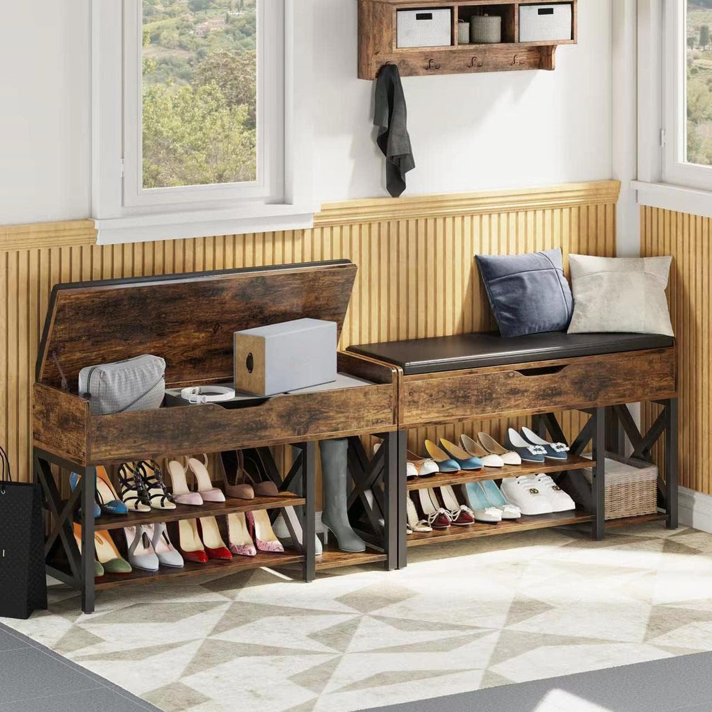 Shoe Bench, Lift Top Shoe Storage Bench, Adjustable Shelf Entryway Bench, Metal and Wood Shoe Rack Organizer with