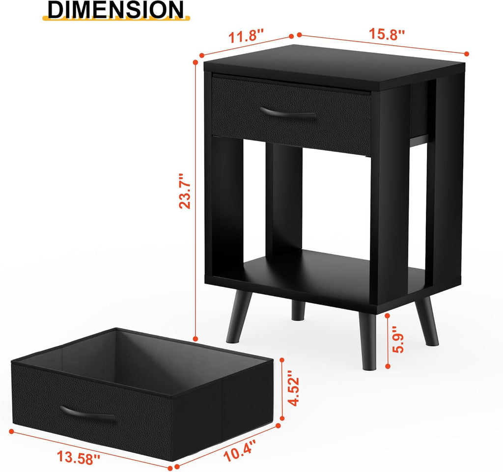 24" H Nightstands Set of 2 with Fabric Drawer, Black | Open Wood Shelf, Side Table with Storage , Spacious 15.7"L x