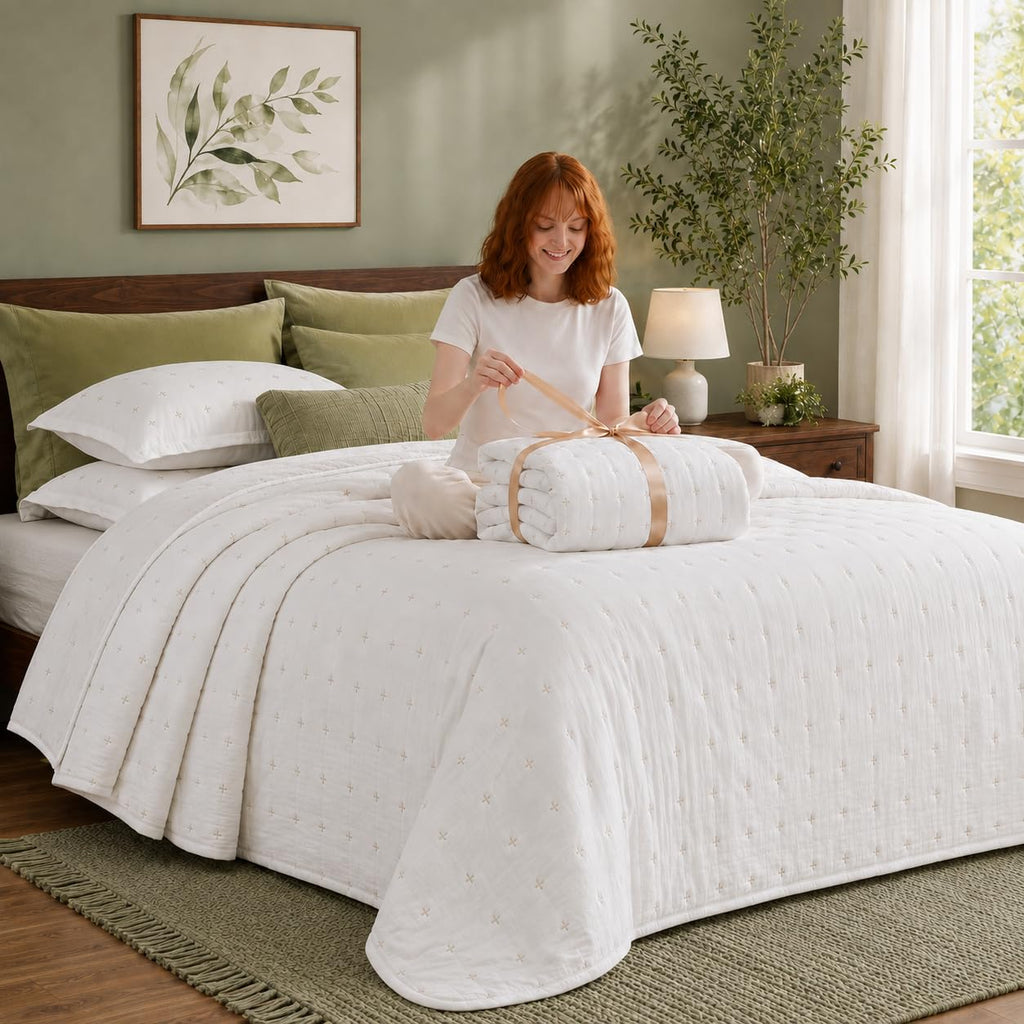 100% Cotton Quilt Set, Embroidered Cross Design, 3-Piece