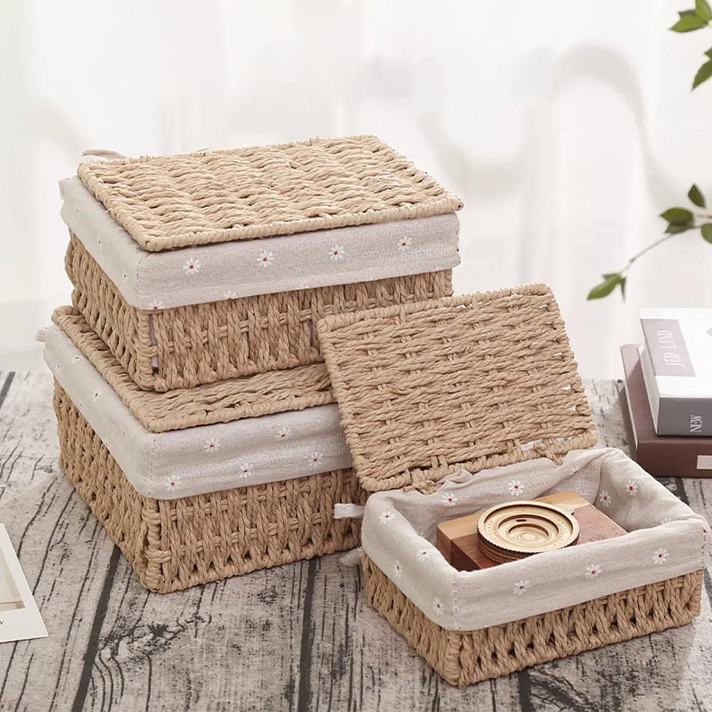 Small Wicker Storage Baskets with Lid/Liner Woven Cute Decorative Boxes | Boho Paper Rope Baskets for Shelves