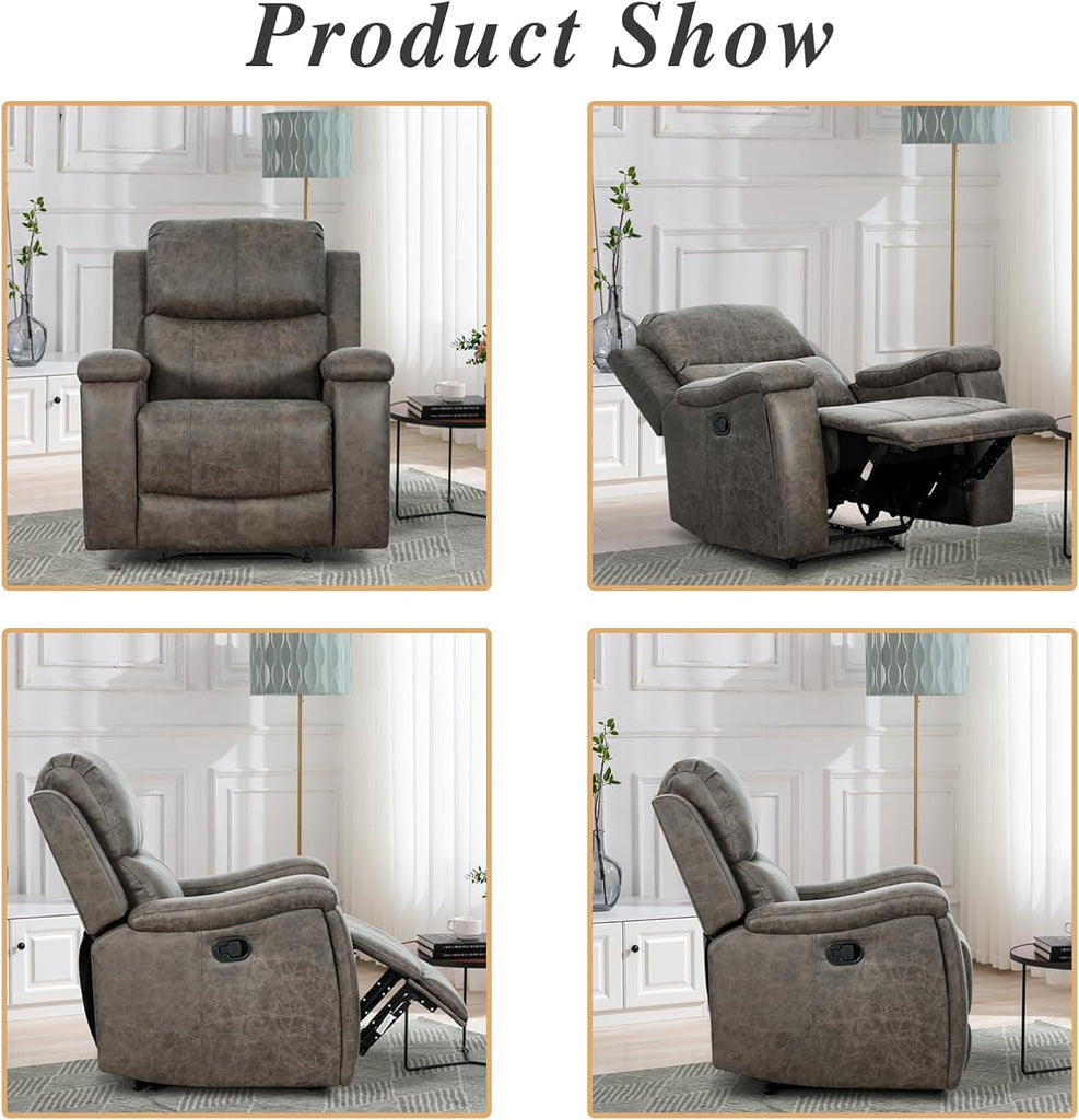 Grey Recliner Chair, Single Overstuffed Sofa Recliners, Breathable Faux Leather Manual Reclining Chairs with Hidden