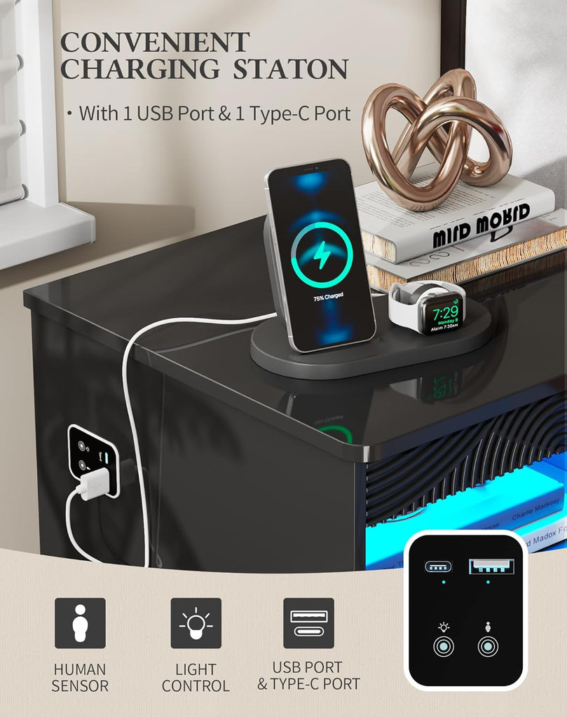 LED Nightstand with Gun Drawer, Modern Bedside Table with 3-Color Lights & Human Sensor, Smart Night Stand with