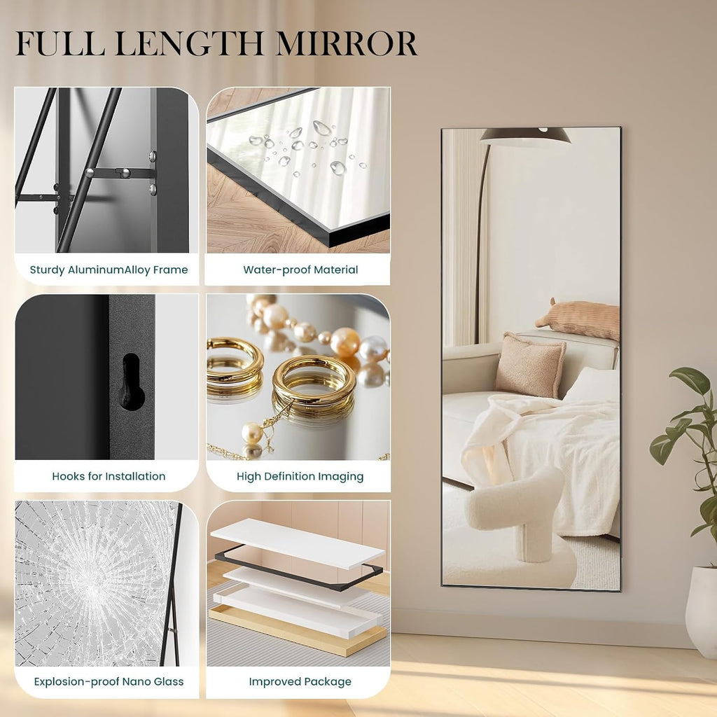 64"x21" Full Length Mirror, Full Body Mirror, Black, Aluminum Alloy Thin Frame, Leaning or Hanging