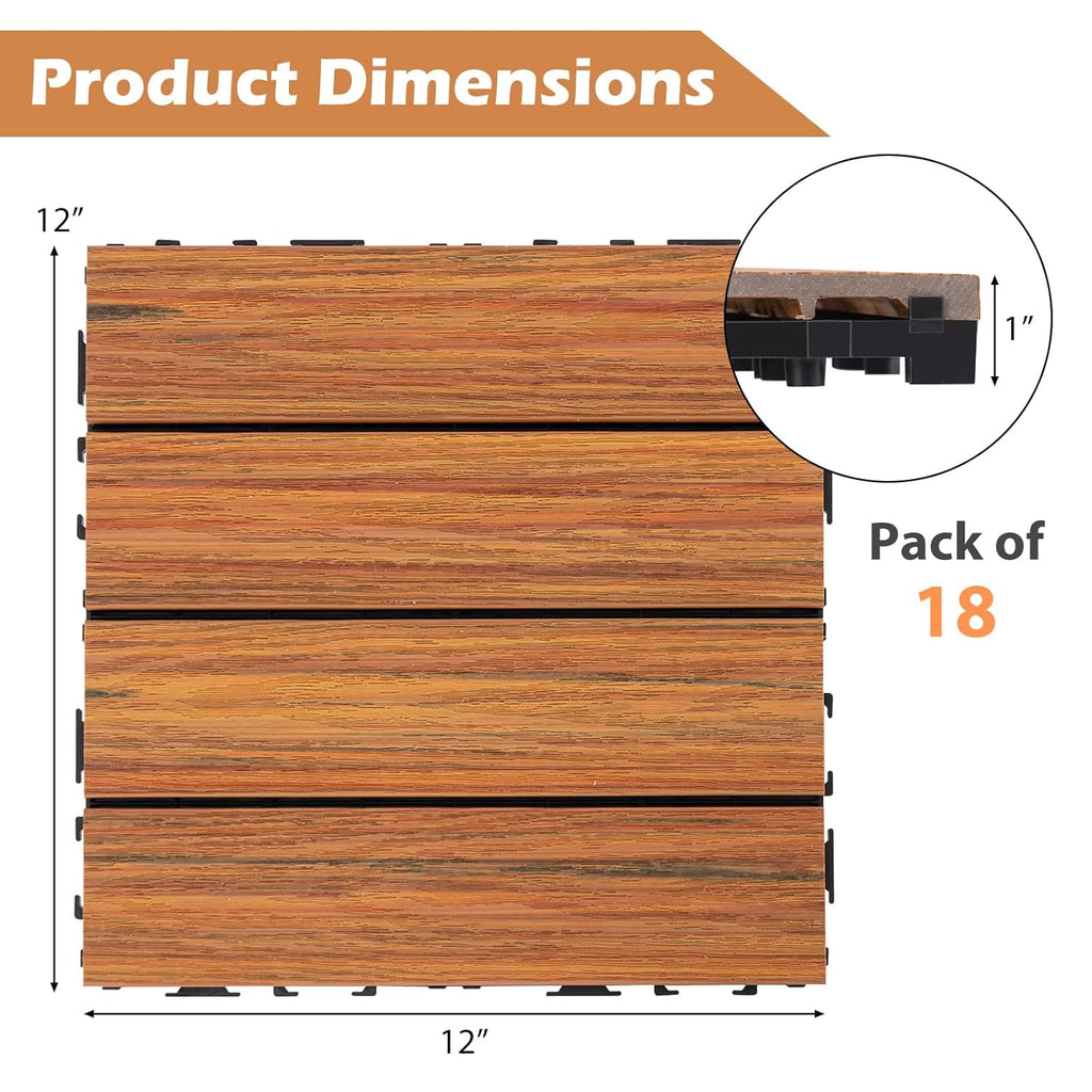 18 Pack Interlocking Deck Tiles - 18 sq.ft Weatherproof Composite Outdoor Flooring Covering, 12" x 12" Patio Decking