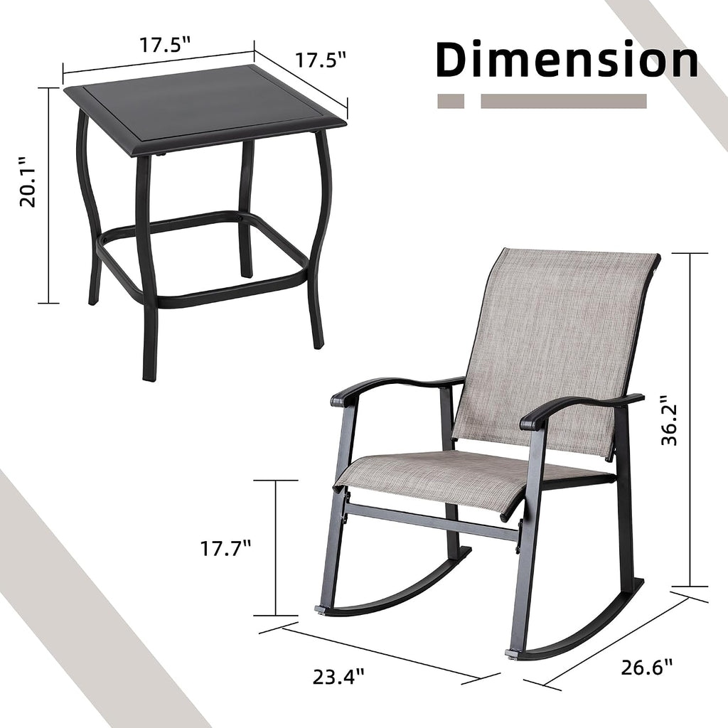 3 Piece Outdoor Rocking Bistro Set, Textilene Fabric Small Patio Furniture Set, Front Porch Rocker Chairs