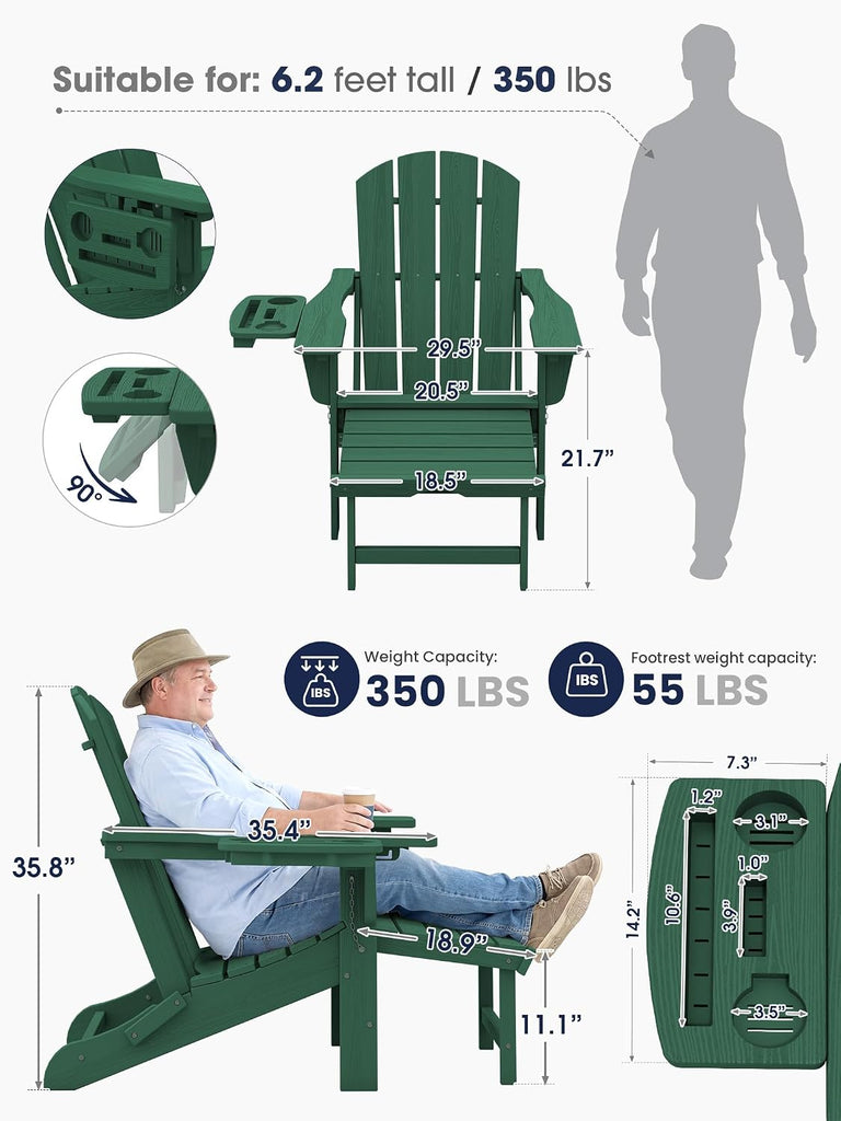 Adirondack Chair with Footrest & 4-in-1 Cup Holder, Green | HDPE Adjustable Folding Adirondack Chair with Pull-Out