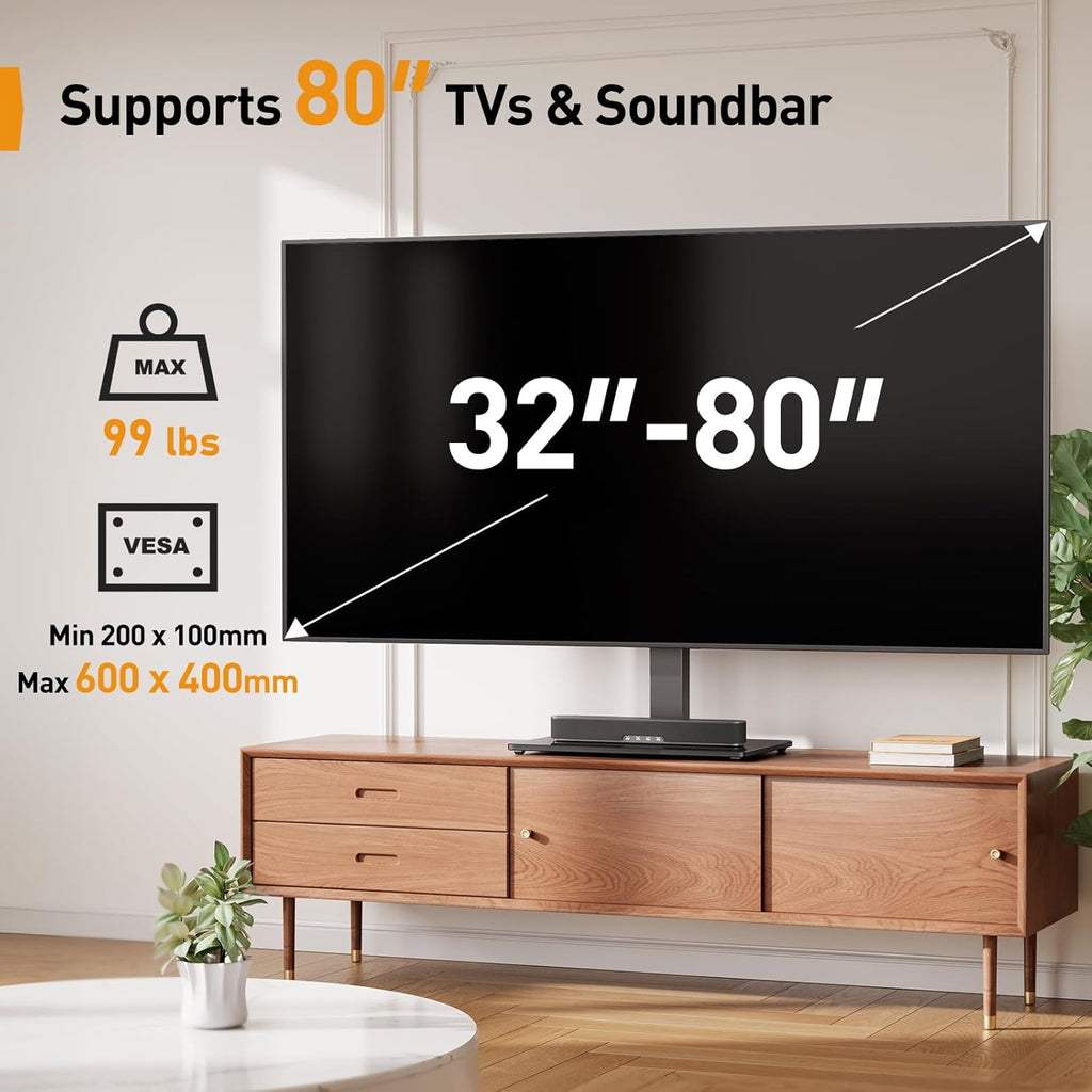 Universal TV Stand with Power Outlet, Swivel TV Stand for 32-80 inch TVs up to 99 lbs, TV Base with Tempered Glass