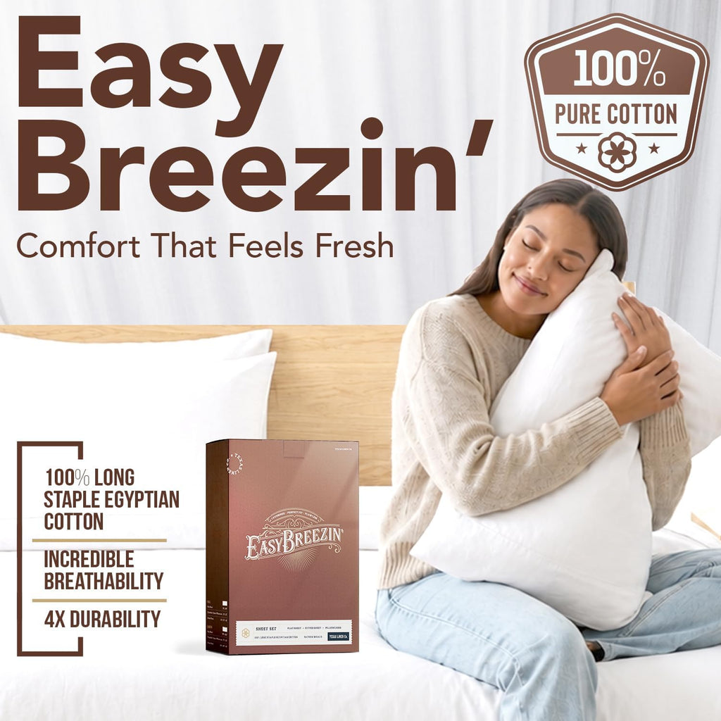 Egyptian Cotton Sheets Set - Everyday Bedding Sheet Set (4 PC, Light Blue), Soft & Durable, Cooling, 16"