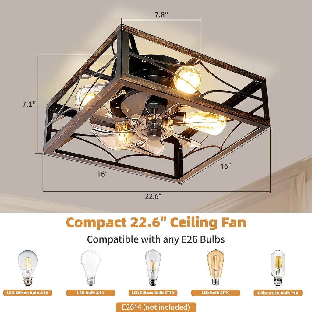 Caged Ceiling Fan with Light and Remote 16'' Rustic Square Flush Mount Ceiling Fan Small Farmhouse Bladeless Ceiling