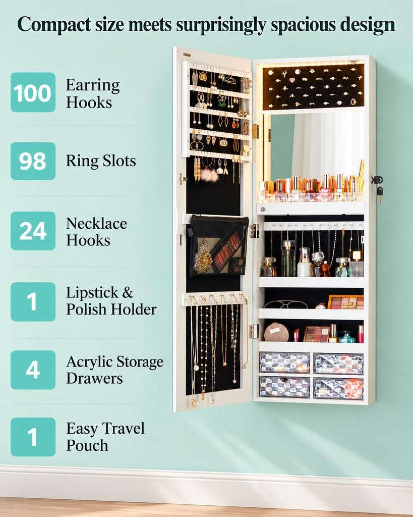 White LED Jewelry Cabinet Wall-Mounted, 42 in Mirror with Storage