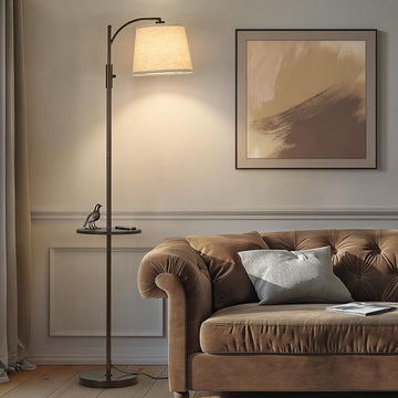 Fully Dimmable Floor Lamp，Standing Lamp Rotary Switch with Table&Linen Beige Shade，Brown Tall Lamps 