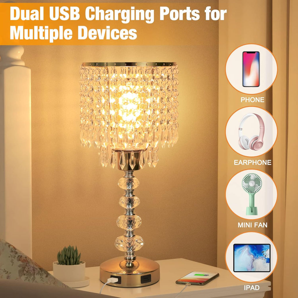 Crystal Table Bedside Lamp Touch Control, 3-Way Dimmable Small Nightstand Lamp with 2 USB Charging Ports
