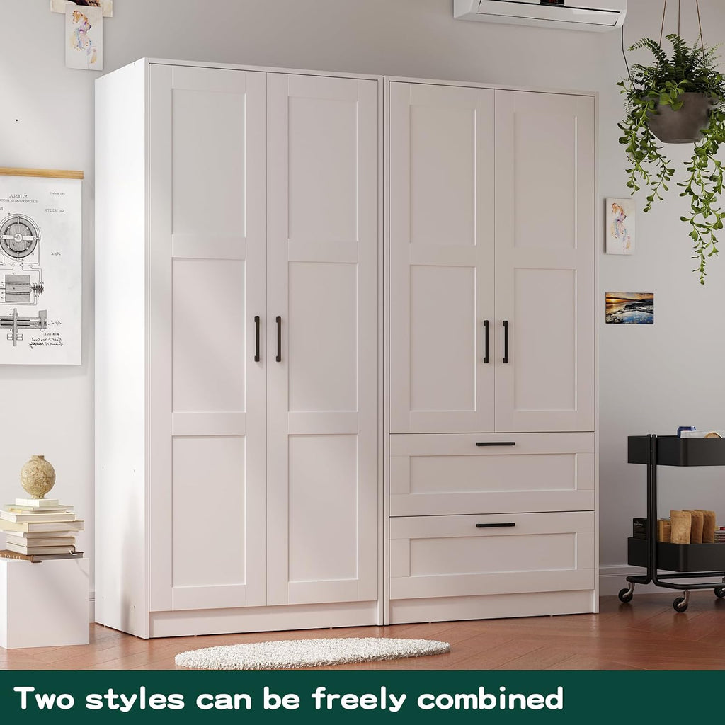 Fddevelop Wood White Wardrobe Closet with 2 Doors,Bedroom Freestanding Armoire Storage Cabinet with Shelves,Wooden
