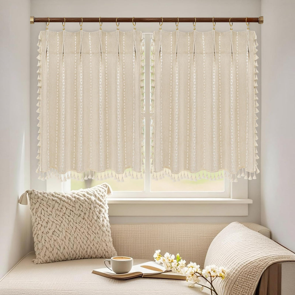 Beige Boho Farmhouse Window Curtain with Tassels, 30 x 36 Inch Light Filtering Sheer Short Cafe Window Curtain Tier