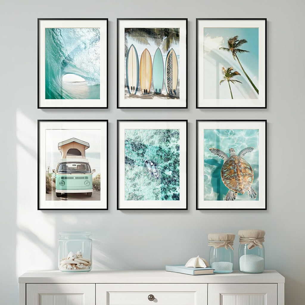 Framed Coastal Beach Wall Art , 6 Pcs Ocean Wave Surfboard Palm Tree Sea Turtle Canvas Artwork, Teal Green Summer