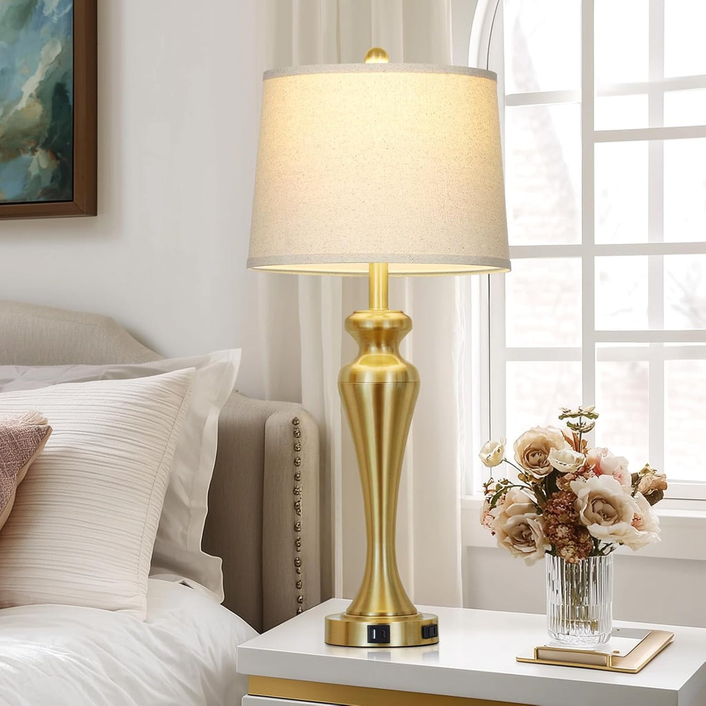 30 Inch Gold Single Table Lamp, 3-Way Dimmable Touch Control Bedside Lamps with USB A+C Ports and AC Outlet