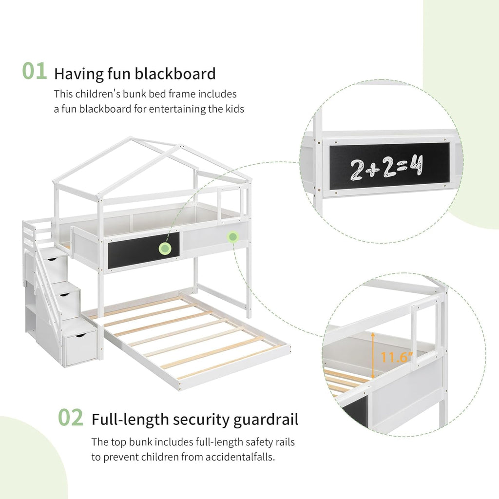 Wood Twin Over Full House Bunk Bed with Ladder, Solid Pine Wood Bunk Bed Frame with Safety Guardrails
