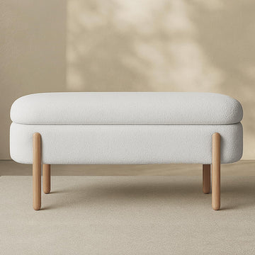 41'' Boucle Storage Ottoman Bench End of Bed, Sherpa Upholstered Oval Blanket with Solid Wood Legs, Fabric Footrest