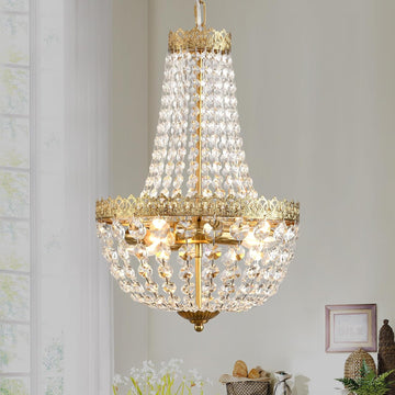 Mini French Empire Crystal Chandelier, 4-Light Antique Brass Pendant Light Fixture - 19.7" H x 12.6" W