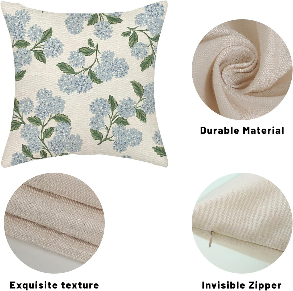 Spring Pillow Covers 18x18 Inch 2 Pcs Blue Green Hydrangea Flower Decor Throw Pillows Vintage Floral Seasonal Summer