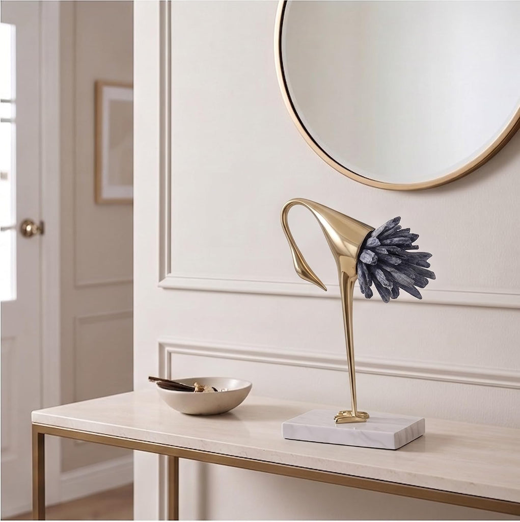 Gold Crane Statue with Blue Crystal Tail, 8.7-Inch | Brass Bird Sculpture on Marble Base, Modern Tabletop Decor and