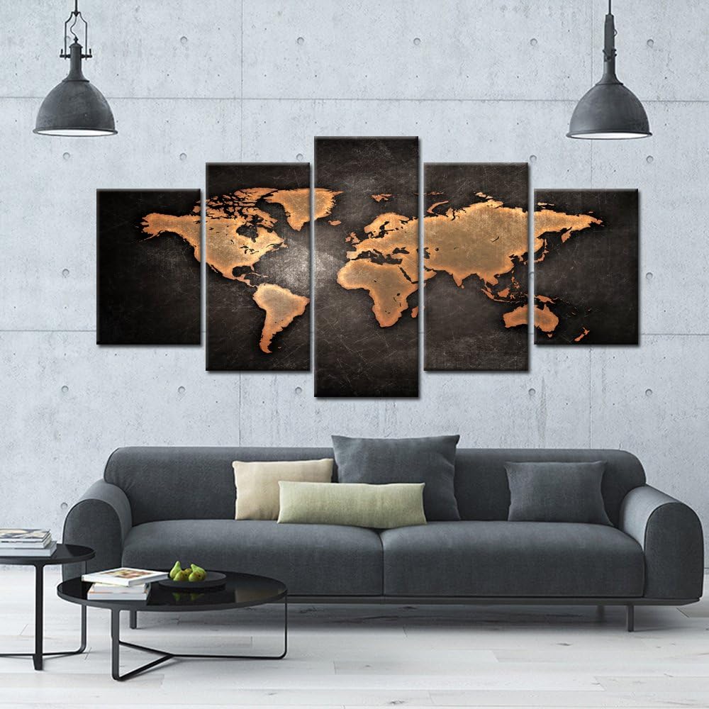 Retro World Map Poster Framed 5 Pcs Giclee Canvas Prints Vintage Abstract World Map Painting Printed on Canvas Ready
