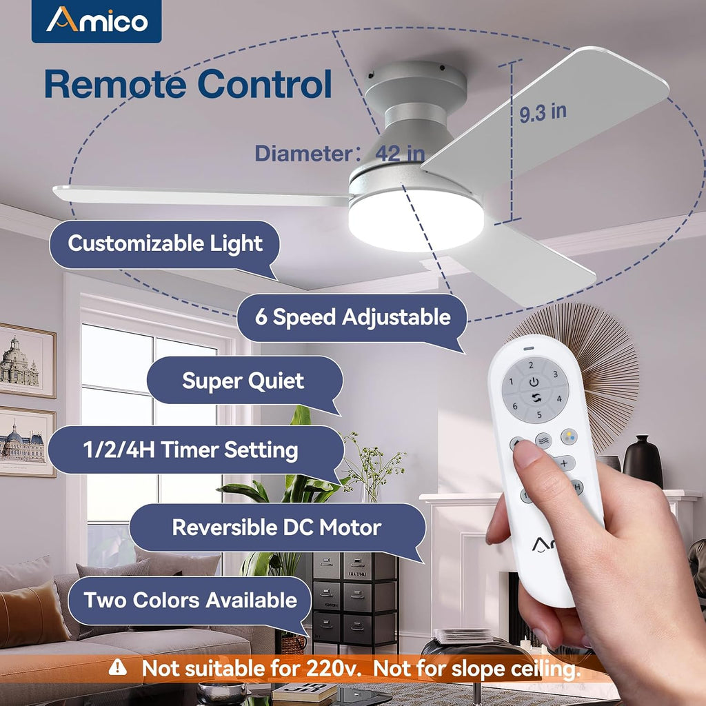 Ceiling Fans with Lights, 42 inch Low Profile Ceiling Fan with Light and Remote Control, Flush Mount, Reversible, 3CCT, Dimmable, Noiseless, Silver Ceiling Fan for Bedroom, Indoor/Outdoor Use