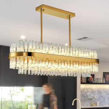 Modern Crystal Chandelier 20 Lights Gold Rectangle 2 Tiers Raindrop Chandelier Luxury Adjustable Flush Mount Oval