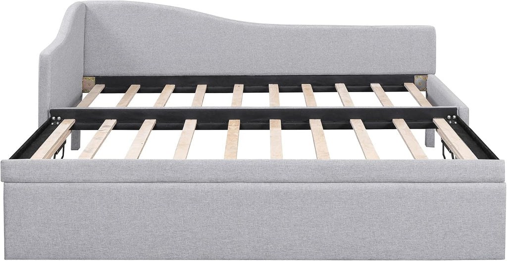 Twin Size Daybed with Pop up Trundle,Linen Upholstered Day Bed Frame with Wood Slats,Extendable Trundle Bed,Twin to