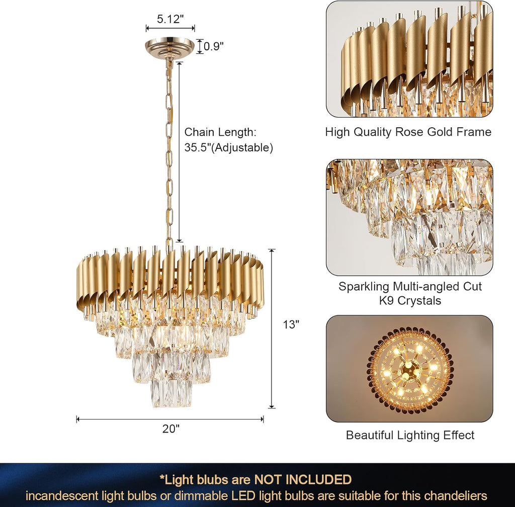 Modern Crystal Chandelier Gold 20 Inch, 4-Tier Raindrop Flush Mount Ceiling Light