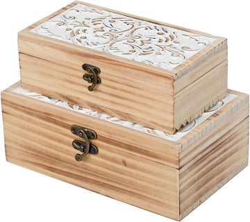 Wooden Storage Box - Hand Carved Floral Decorative Boxes - Set of 2