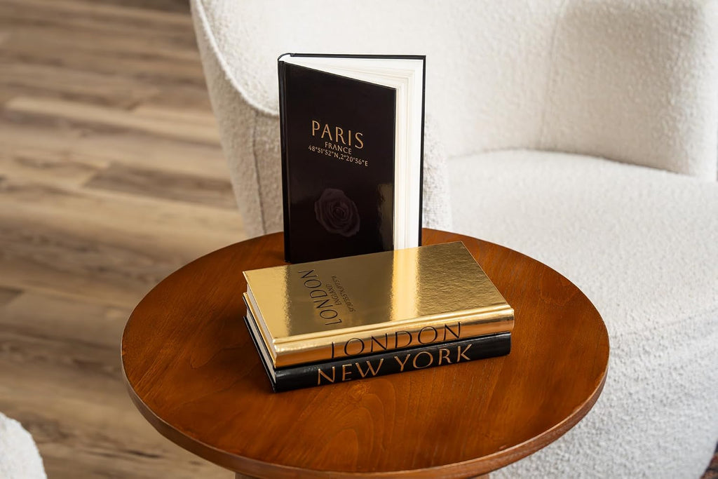 Decorative Books Decor - Coffee Table Books, Set of 3 | Bookshelf Decor, Faux Hardcover Books, Black & Gold Design