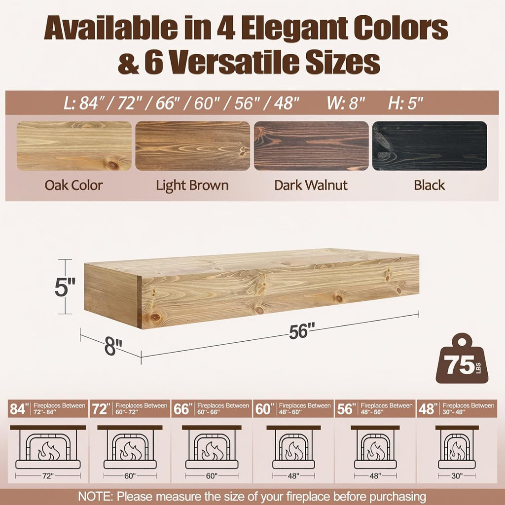 Shelf, 56x8x5 Wooden Floating Shelf Over the Fireplace, Wall-Mounted Mantel Shelves, Rustic Floating Mantels Shelves