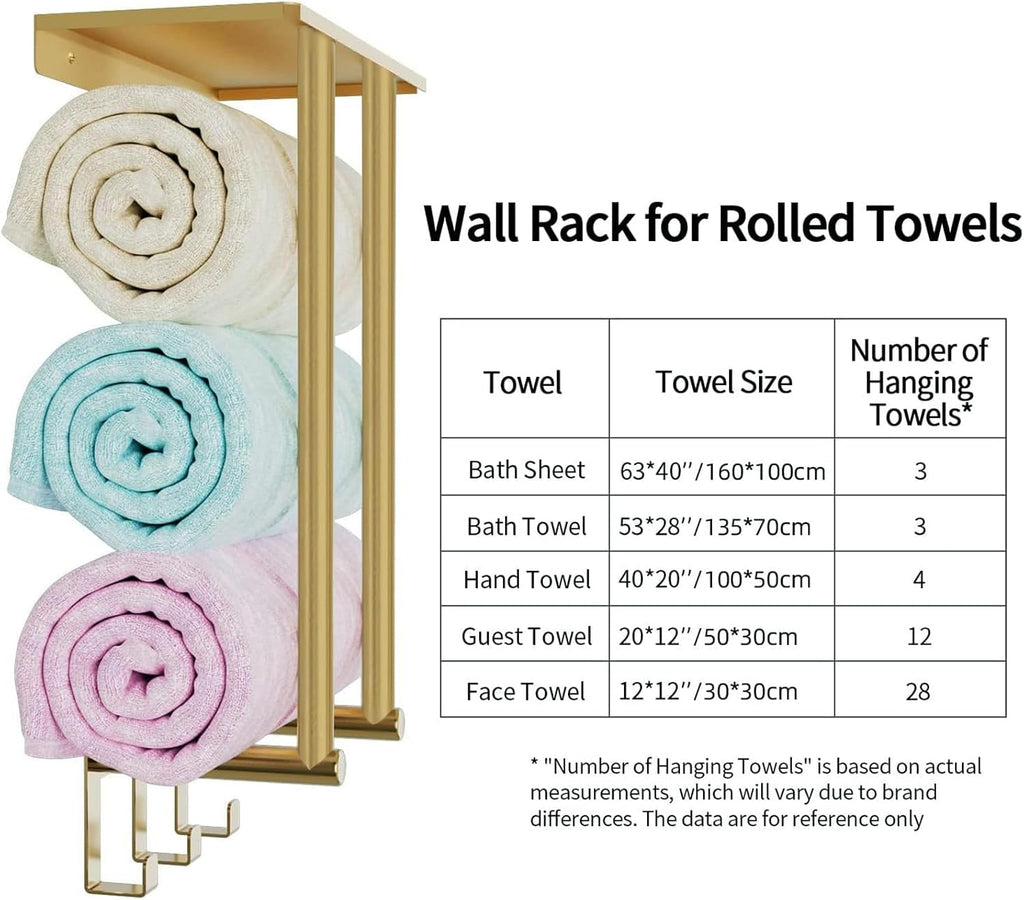 Gold Towel Rack with Shelf, Bath Towel Storage | Stainless Steel 3 Hooks Towel Racks for Small Bathroom Wall Mounted