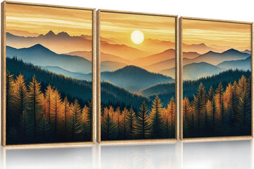 Large Boho Sunrise Mountain Framed Canvas Wall Art,Abstract Nature Forest Wall Decor,Foggy Pine Tree Painting,Retro