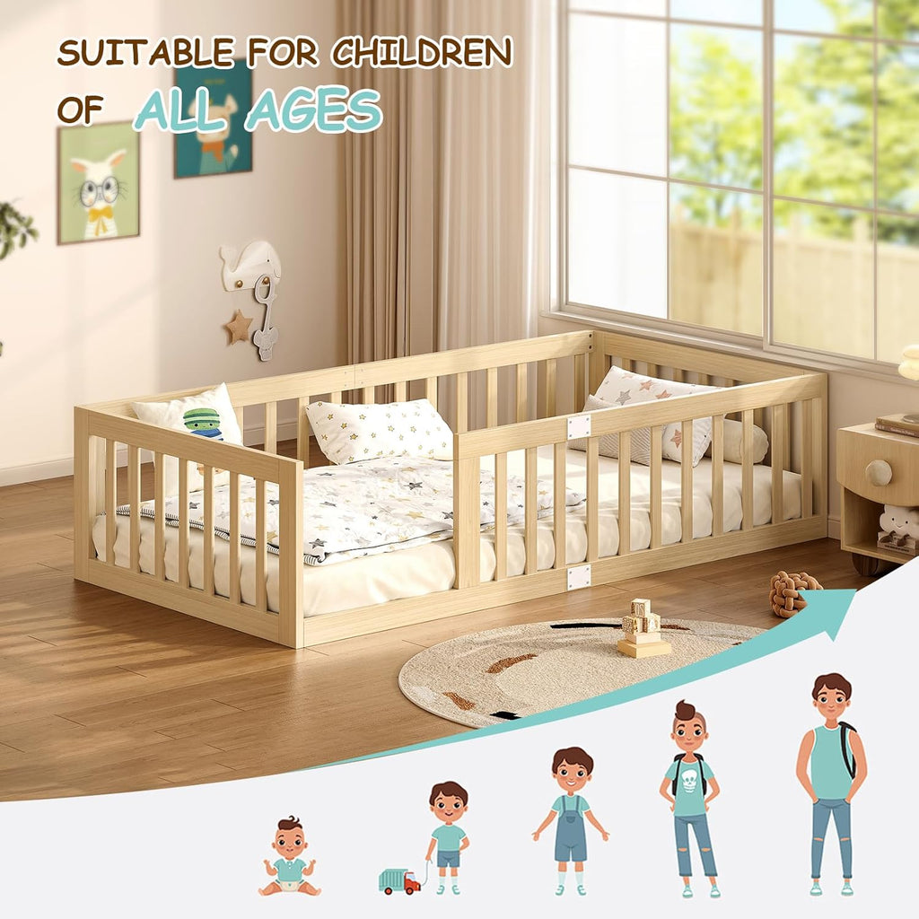Twin Montessori Floor Bed with High Guardrails and 2 Door Latch, Solid Wood Toddler Bed Frame with 10 Slats and