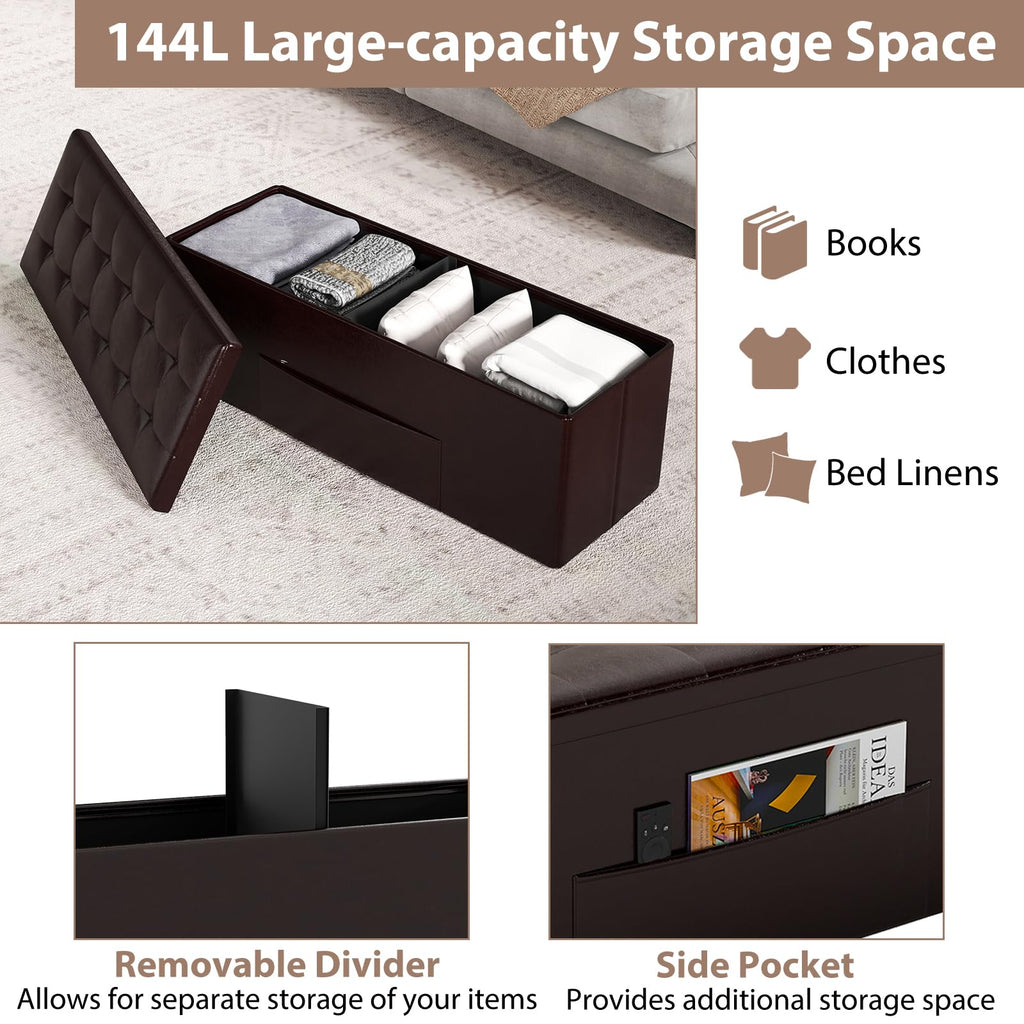 43 Inches Folding Storage Ottoman Bench, Upholstered PU Leather Storage Chest with Side Pocket, Padded Seat, End of