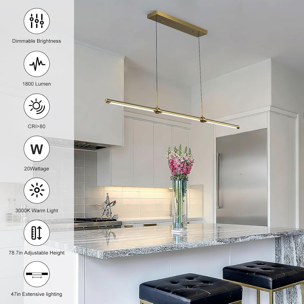 Modern Linear LED Island Light Dimmable LED Chandelier 47.24 in Adjustable Linear Hanging Light Fixture 3000K 20W