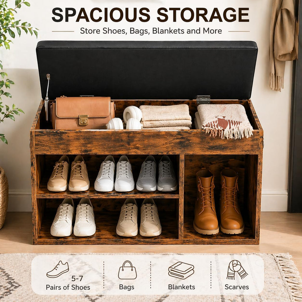 Shoe Storage Bench with Cushion, 32.3'' Entryway Bench with Lift Top Hidden Storage and Adjustable Shelves, Wooden